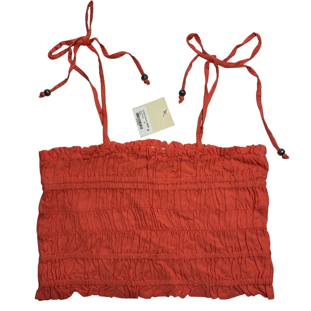 Elan Womens Crop Top Large NWT Smocked Coral Tie Strap Metal Beads